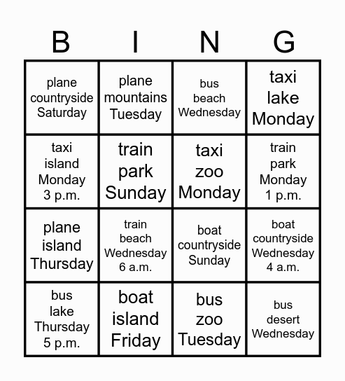 transport, places, days of the week Bingo Card
