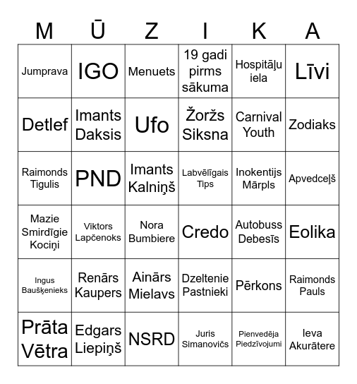 Cik ļoti klausies latviešu mūziku? Bingo Card