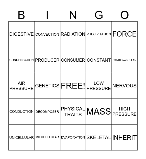 SCIENCE BINGO!!!! Bingo Card