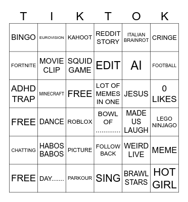 Tiktok Bingo Card