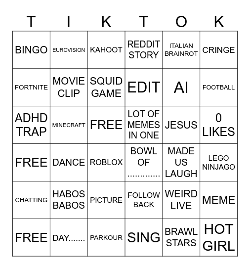 Tiktok Bingo Card