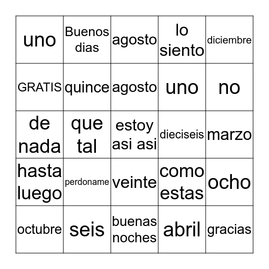 Spanish Phrases Bingo Card