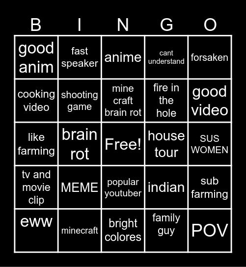 shorts bingo Card