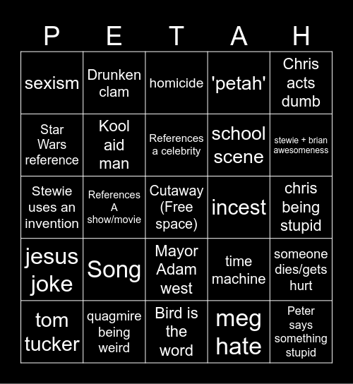 Family guy Bingo Card