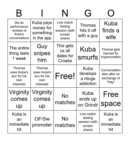 Kuba's Hinge Adventure Bingo Card