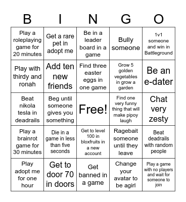 Roblox Bingo Card