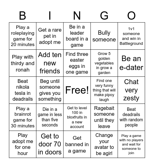 Roblox Bingo Card