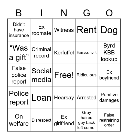 Judge Judy Bingo Card