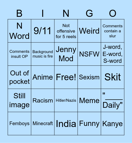 Instagram Reels Bingo Card