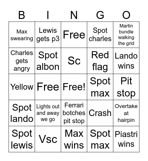 F1 Bingo Card