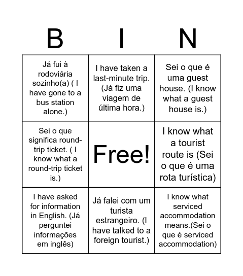 Tourism Bingo Card