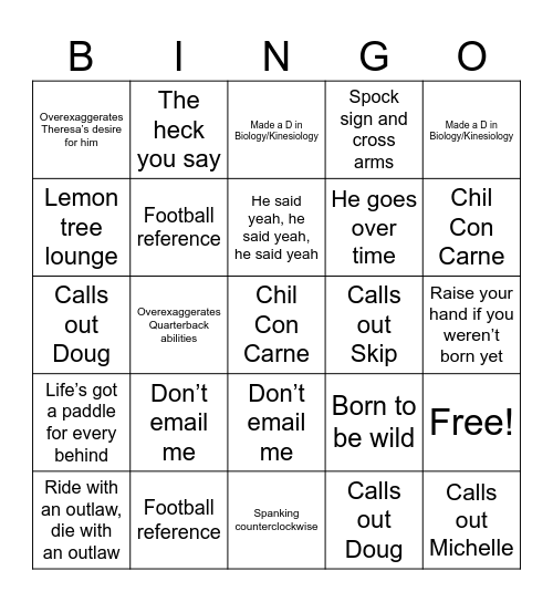 Pastor Tommy Bingo Card