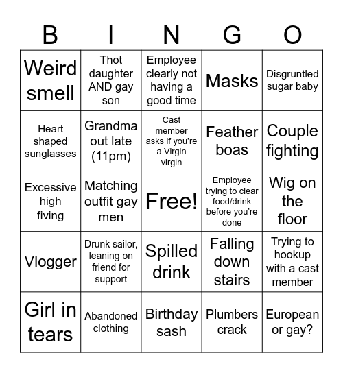 Virgin Bingo Card