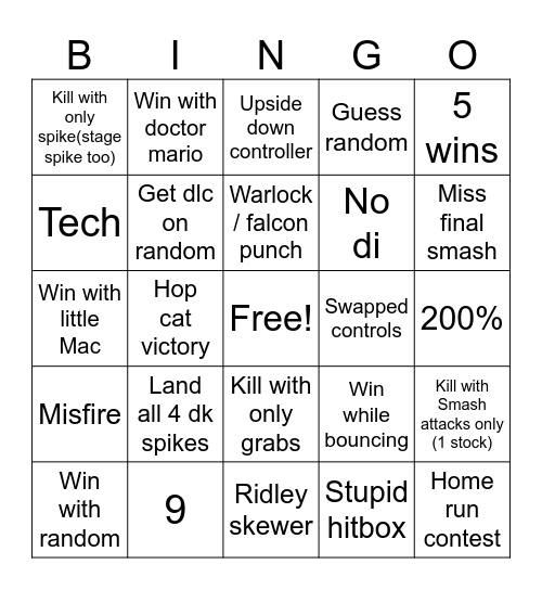 Smashy brothers Bingo Card