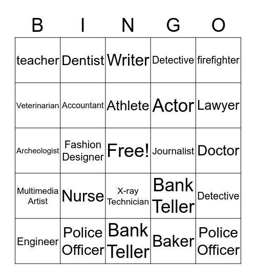 6th Grade Career Bingo Card