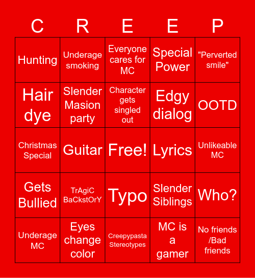 Creepypasta fanfic bingo Card