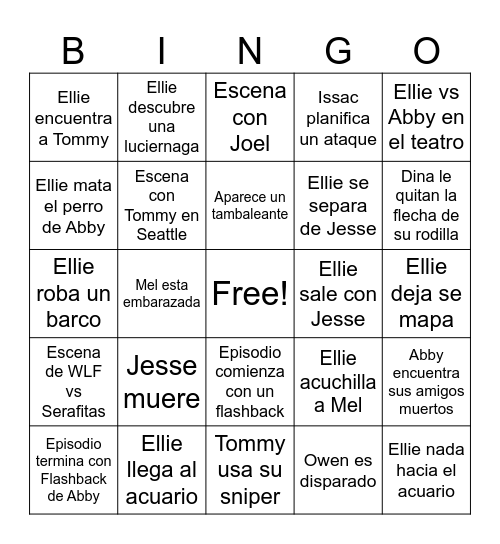 The Last Of Us Season 2 Episode 7 Bingo Card