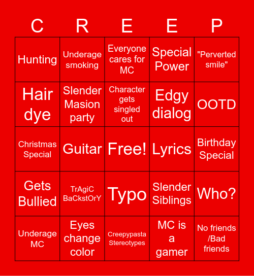 Creepypasta fanfic bingo Card