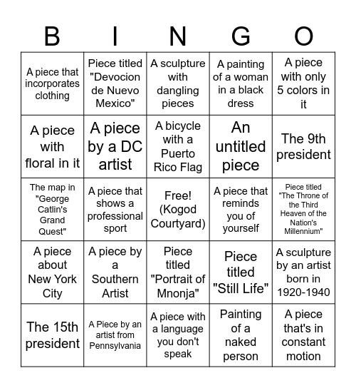 Museum Bingo Card