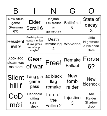 Summer Game Fest Bingo Card