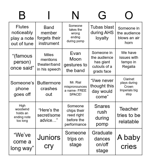 Band Grad Bingo 2025! (Do not call out bingo) Bingo Card