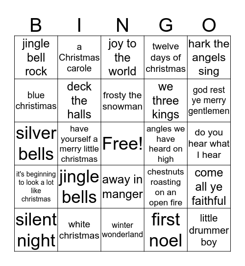 Green's Holiday Bingo Card