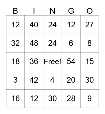 Multiplication 3's, 4's, and 6's Bingo Card