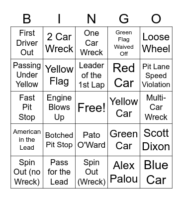 Indy 500 Bingo Card