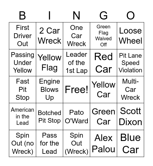 Indy 500 Bingo Card