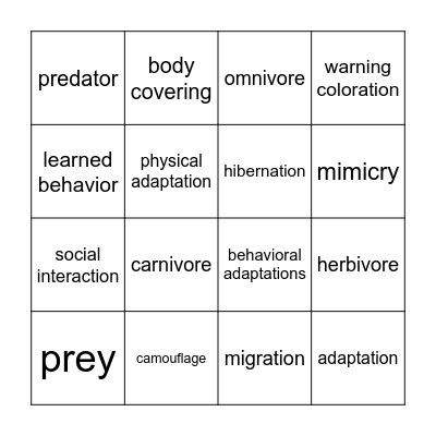 Animal Adaptations Bingo Card