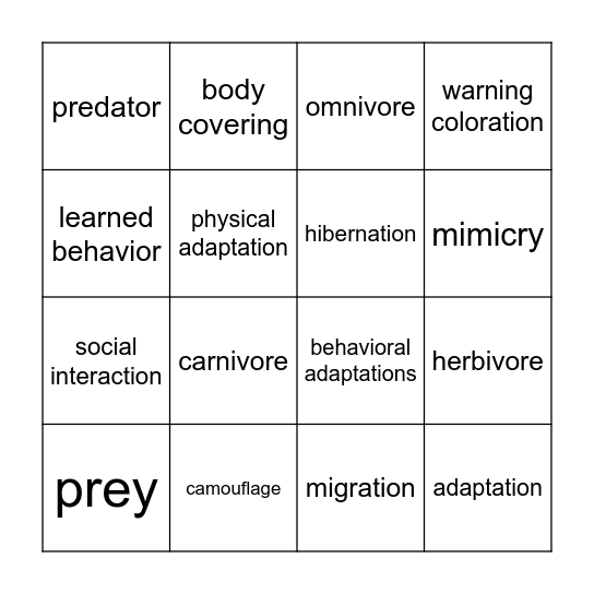 Animal Adaptations Bingo Card