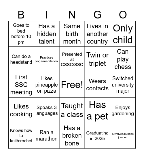 SSC Student BBQ 2025 Bingo Card