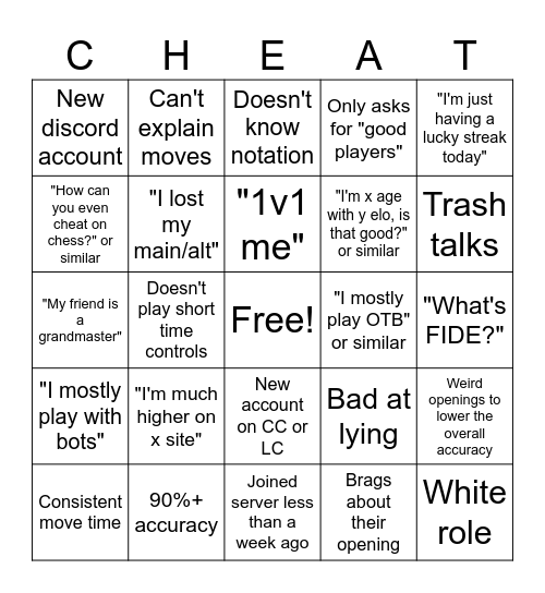 cheater Bingo Card