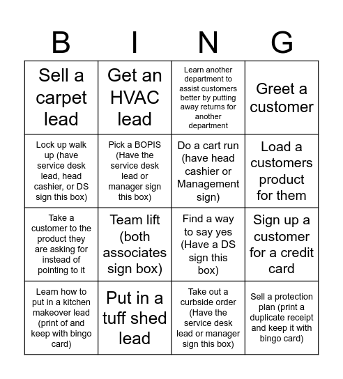Customer Service Bingo Card