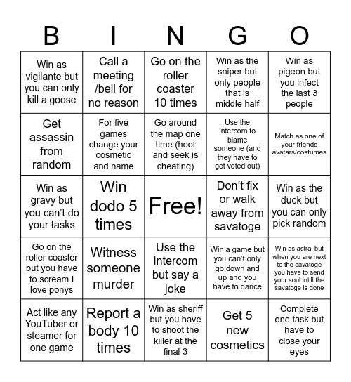 Goose goose duck Bingo Card