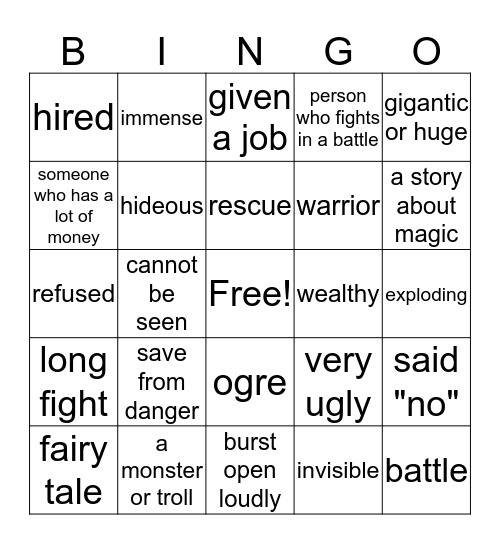 Vocabulary Lesson #6  Bingo Card