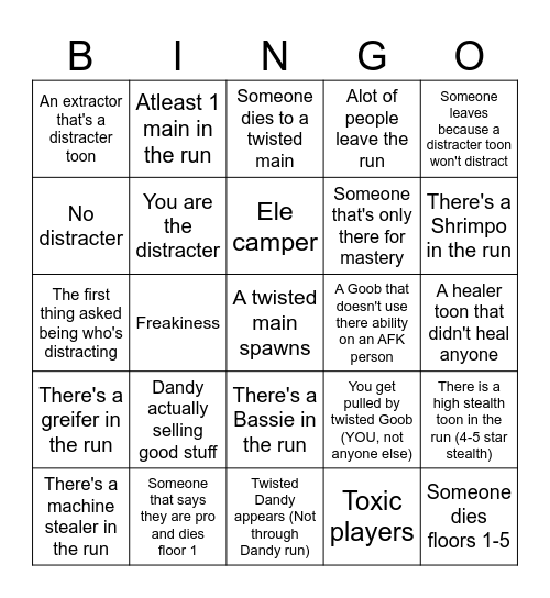 Dandys World Bingo Card