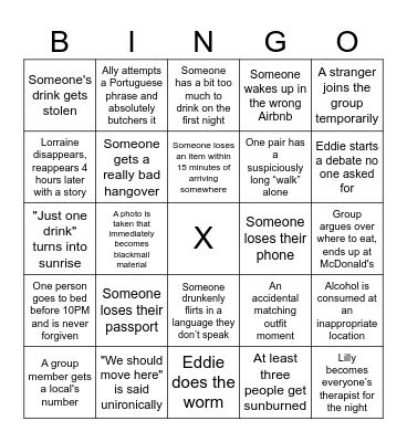 Grad Trip Bingo Card