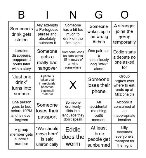 Grad Trip Bingo Card