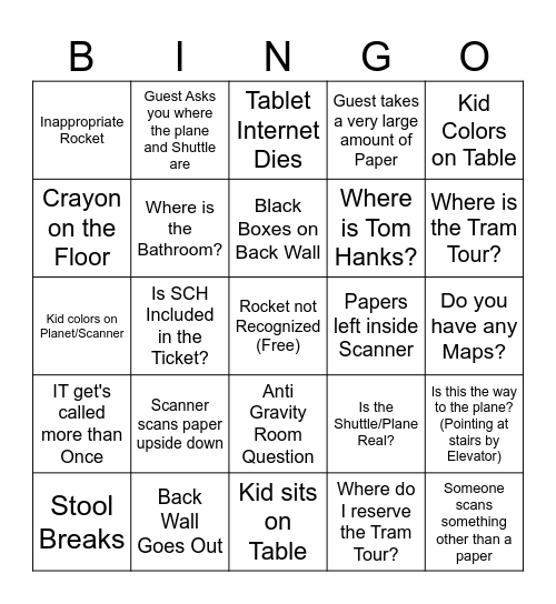 Attractions Bingo Card