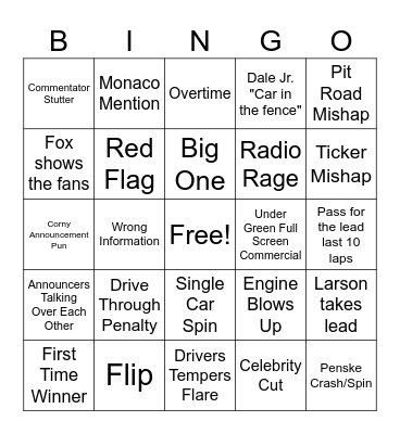 Indy/Coke 600 Bingo Card
