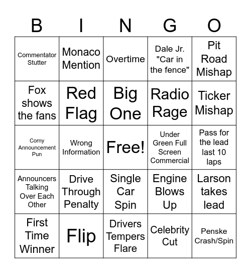 Indy/Coke 600 Bingo Card