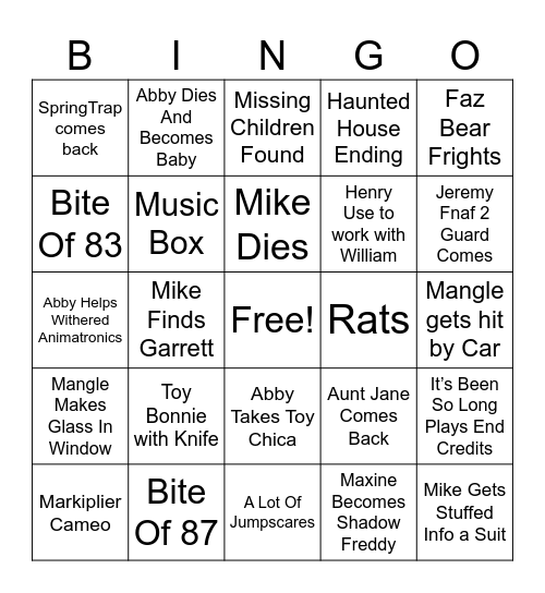 Five Night’s At Freddy’s 2 Bingo Card