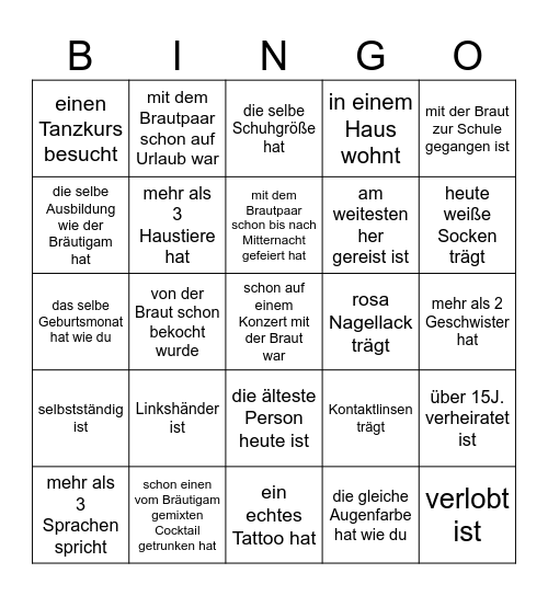 Hochzeitsbingo - Finde jemanden der... Bingo Card
