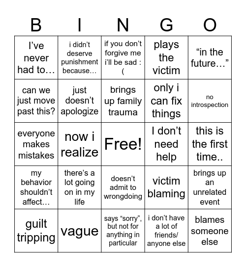 Shitty Apology Bingo Card