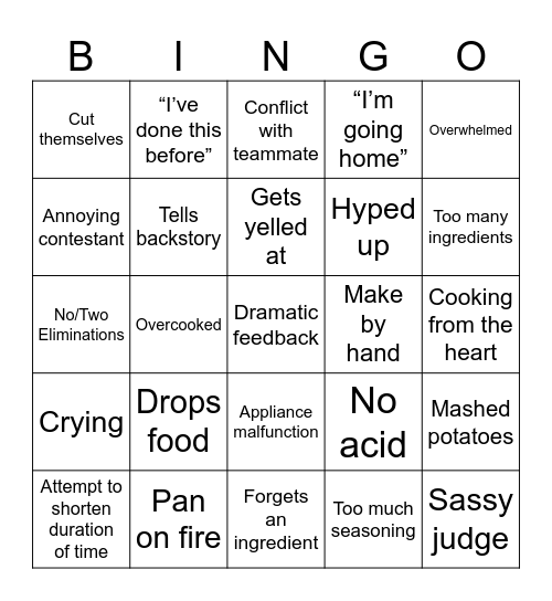 Cooking Show Bingo Card