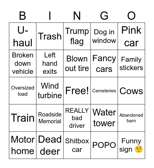 ROAD TRIP Bingo Card