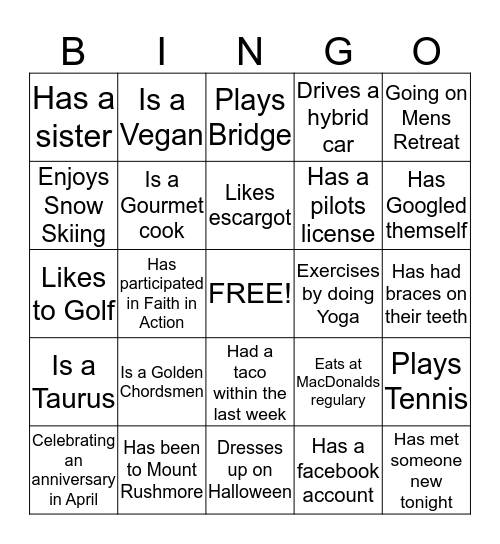 Deacon Bingo Card