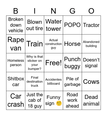 CROSS COUNTRY ROAD TRIP Bingo Card