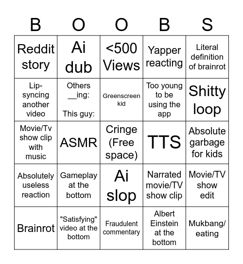 YT Shorts Bingo Card